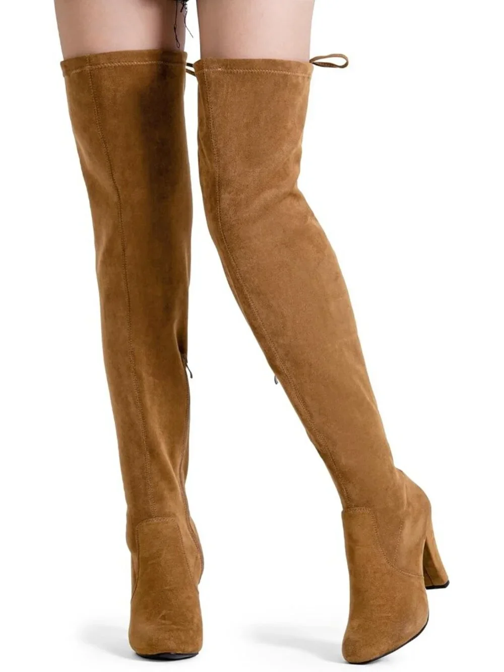 Women's Camel Brown Suede Closed Round Toe Block Heel Over The Knee High Boots